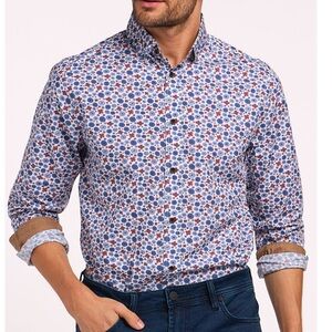 Vustra Wildflower Bliss Blue & Orange Print Men's Button‎ Down Shirt Size XXL